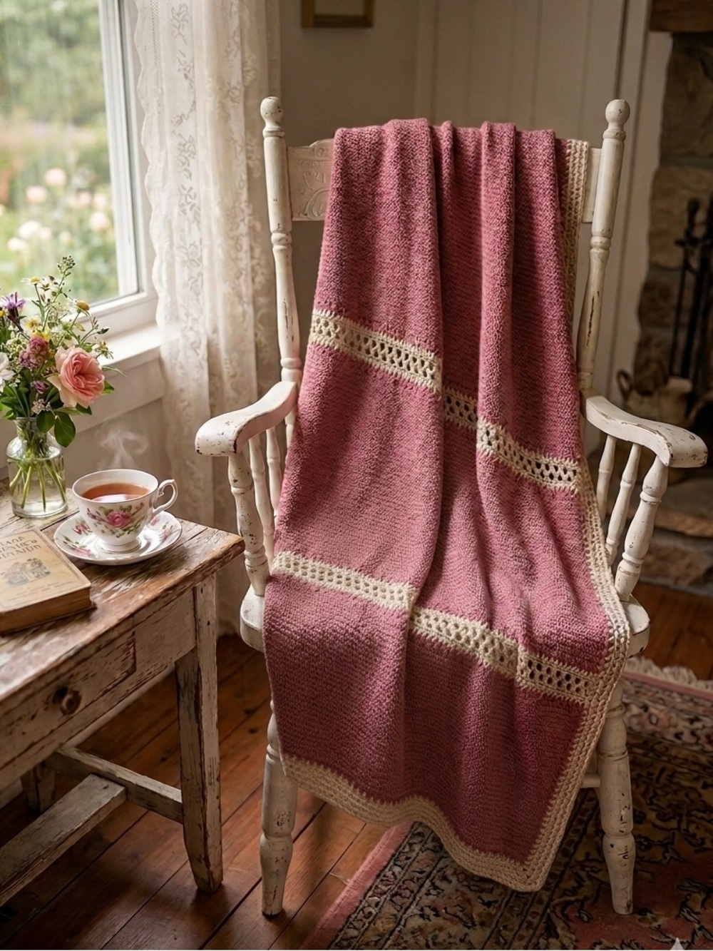 Handmade Knit Throw Blanket Dusty Rose Mauve Taupe Cottage Farmhouse 55x72